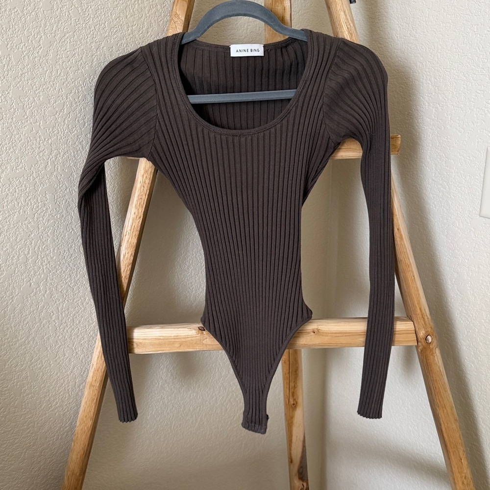 Anine Bing Felicity Ribbed Knit Bodysuit in Olive - Picture 11 of 14